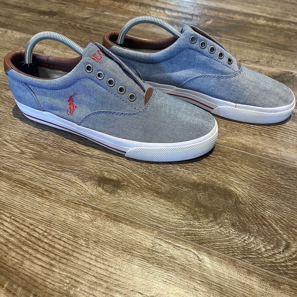 Polo Ralph Lauren Vito Sneakers Men’s 9.5 Blue Chambray Red Pony Shoes Slip On